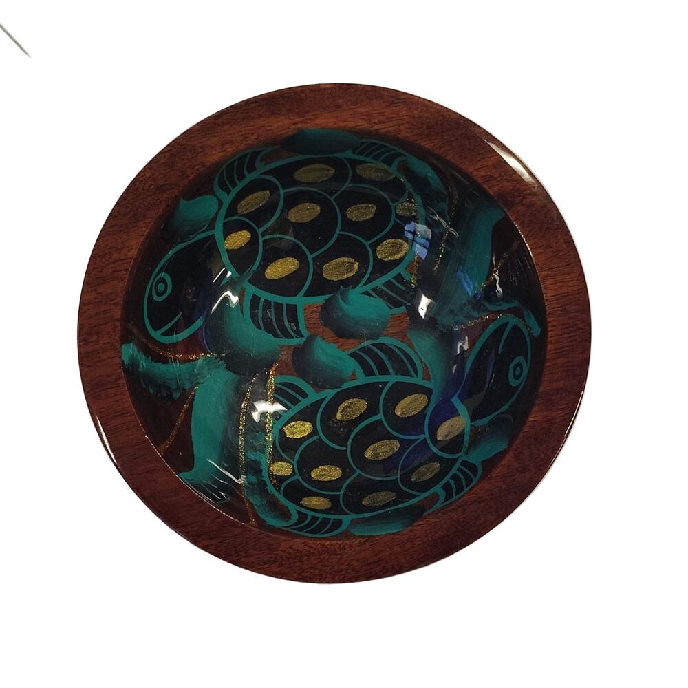 Hand-painted Turtle Floral Wood Bowl 5.5" Pedestal Glossy Brown Teal Gold